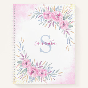 Monogram Blush Pink Floral Waterverf Elegant Notitieboek
