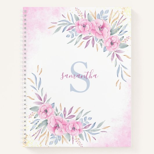 Monogram Blush Pink Floral Waterverf Elegant Notitieboek (Voorkant)