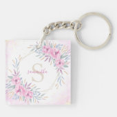 Monogram Blush Pink Floral Waterverf Elegant Sleutelhanger (Achterkant)