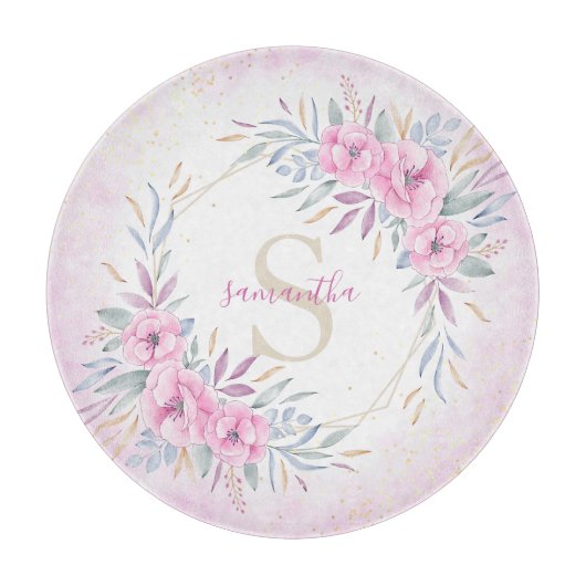 Monogram Blush Pink Floral Waterverf Elegant Snijplank (Voorkant)