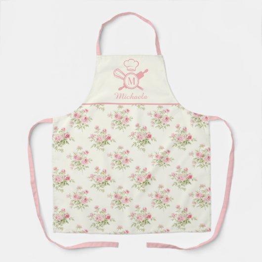 Monogram Blush Pink Floral Waterverf Schort (Voorkant)