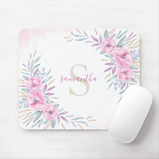 Monogram Blush Pink Flowers Waterverf Cute Boho Muismat (Met muis)