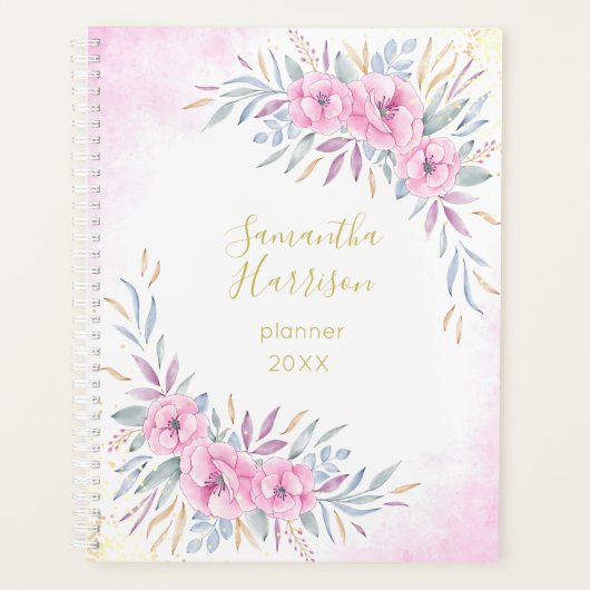 Monogram Blush Pink Flowers Waterverf Elegant Big Planner (Voorkant)