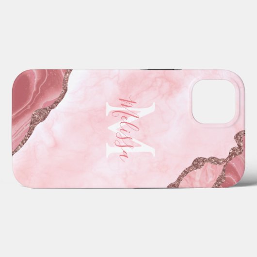 Monogram Blush Pink Geode Glitter Calligrafie Case-Mate iPhone Case (Achterkant (horizontaal))
