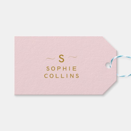Monogram Blush Pink Gold Minimalist Elegant Name Cadeaulabel (Voorkant (Horizontaal))