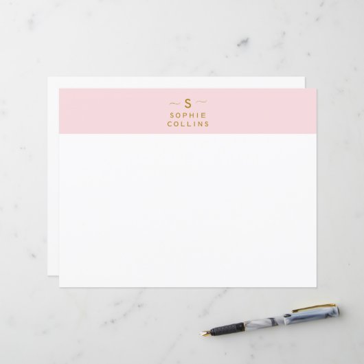 Monogram Blush Pink Gold minimalistisch papier (Voorkant / Achterkant in situ)