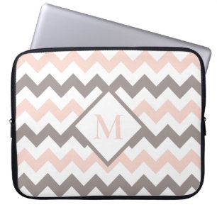 Monogram Blush Pink Gray Chevron Pattern Laptop Sleeve