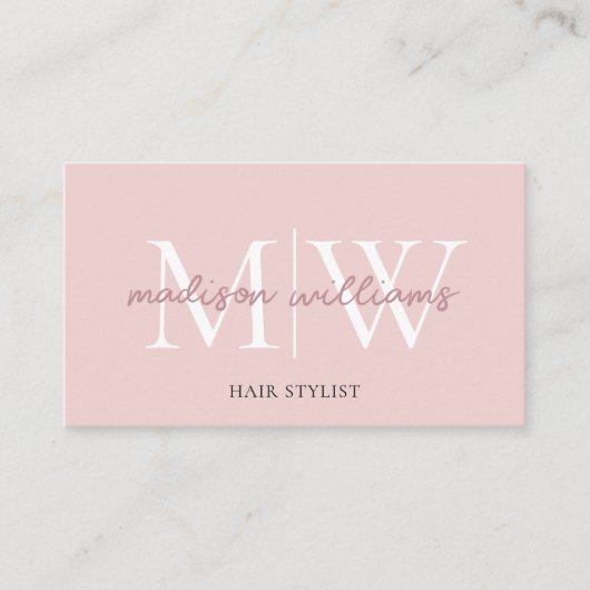 Monogram Blush Pink Hair Stylist QR Code Visitekaartje (Voorkant)