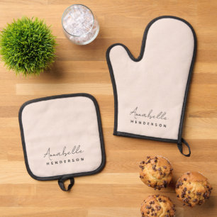 Monogram Blush Pink Moderne, minimalistische vro Ovenwant & Pannenlap Set