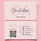 Monogram Blush Pink QR Code Modern Minimalist Visitekaartje
