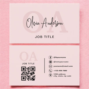 Monogram Blush Pink QR Code Modern Minimalist Visitekaartje