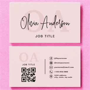 Monogram Blush Pink QR Code Modern Minimalist Visitekaartje