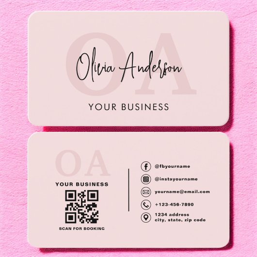 Monogram Blush Pink QR Code Modern Minimalist Visitekaartje