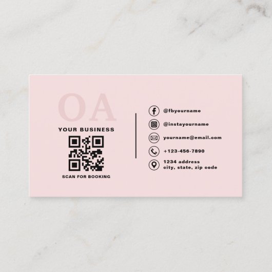Monogram Blush Pink QR Code Modern Minimalist Visitekaartje (Achterkant)