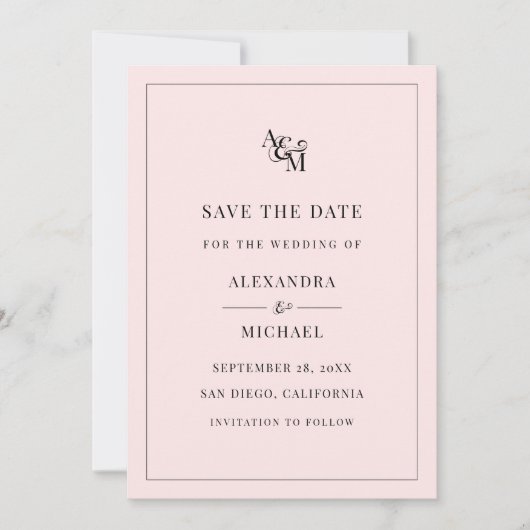 Monogram Blush Pink Simple Elegant Modern Wedding Save The Date (Voorkant)