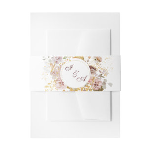 Monogram Blush Pioen & Goud Bourgogne Bloemen Uitnodigingen Wikkel
