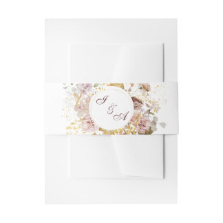 Monogram Blush Pioen & Goud Bourgogne Bloemen Uitnodigingen Wikkel