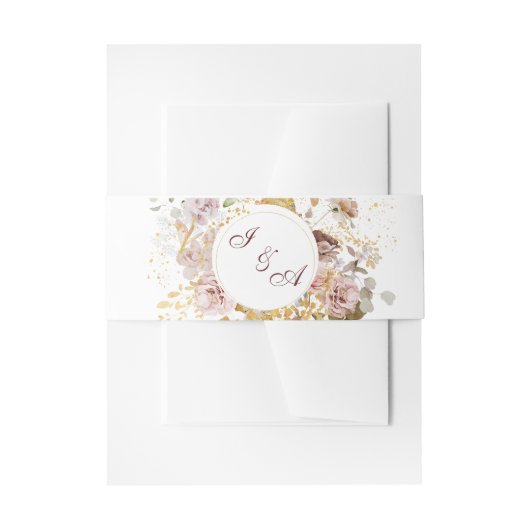 Monogram Blush Pioen & Goud Bourgogne Bloemen Uitnodigingen Wikkel (Voorkant Voorbeeld)