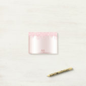 Monogram Blush Roos Goud Dripping Glitter Metallic Post-it® Notes (Op bureau)