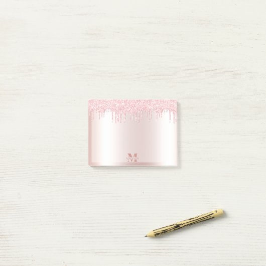 Monogram Blush Roos Goud Dripping Glitter Metallic Post-it® Notes (Op bureau)