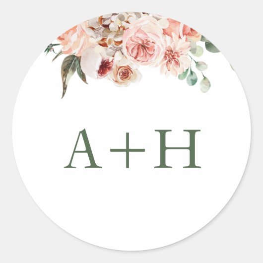Monogram Blush Roses Greenery Wedding Ronde Sticker (Voorkant)