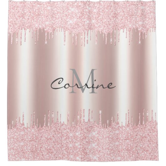 Monogram Blush Roze DBL Dripping Glitter Metallic Douchegordijn (Voorkant)