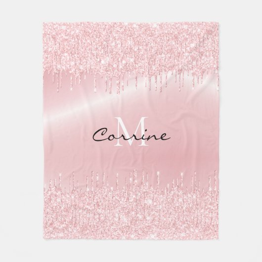 Monogram Blush Roze drift Glitter Metallic naam Fleece Deken (Voorkant)