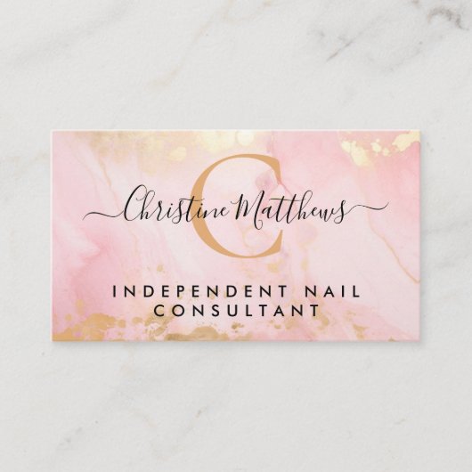 Monogram Blush Roze en Goud Modern Marmer Visitekaartje (Voorkant)