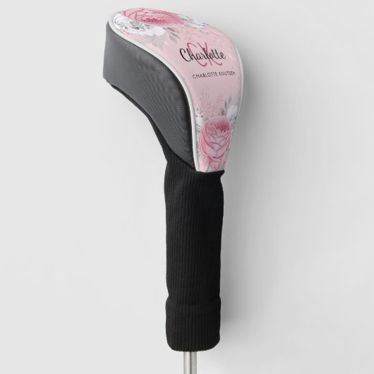Monogram blush roze floral Silve-foliezakscript Golfheadcover (Schuin)