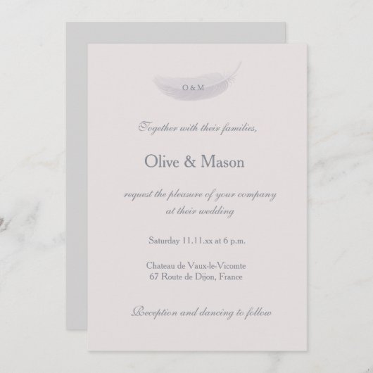 Monogram Blush Roze Grijs Veer Elegante bruiloft Kaart (Voorkant / Achterkant)