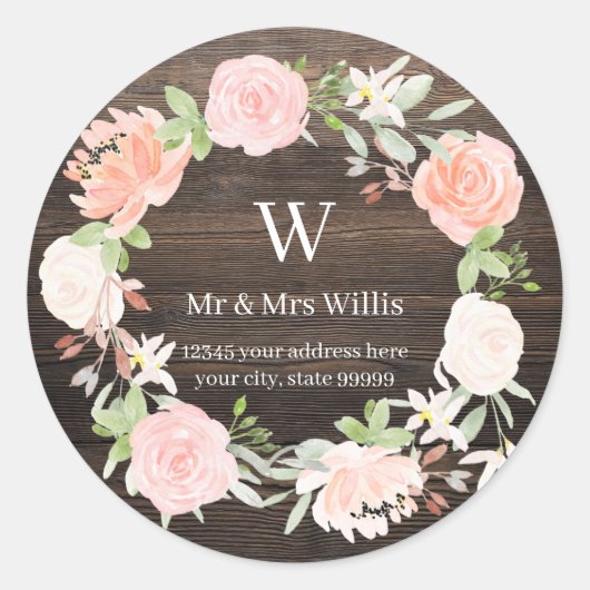Monogram Blush Roze Houten Rustieke Retouradres Ronde Sticker (Voorkant)