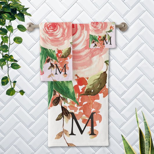 Monogram Blush Roze Lente Bloem Bloemen Boeket Bad Handdoek