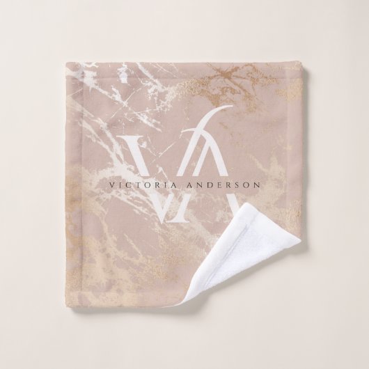 Monogram Blush Roze marmer Gold Foil Trendy Custom Bad Handdoek (Wasdoekje)