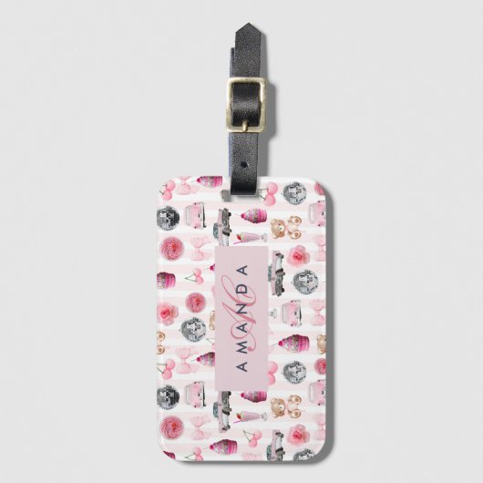 Monogram Blush Roze Retro Disco Ball Coquette Bagagelabel (Voorkant (verticaal))