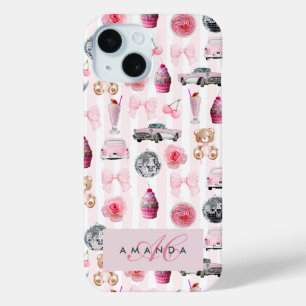 Monogram Blush Roze Retro Disco Ball Coquette iPhone 15 Case