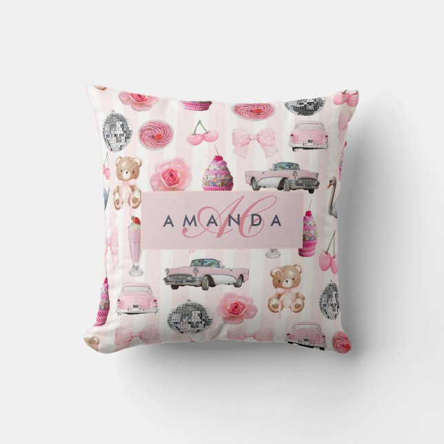 Monogram Blush Roze Retro Disco Ball Coquette Kussen (Voorkant)