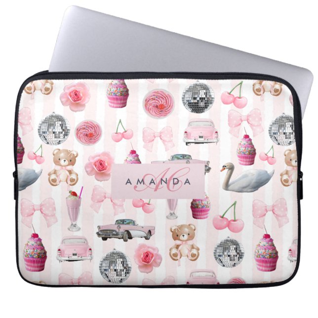 Monogram Blush Roze Retro Disco Ball Coquette Laptop Sleeve (Voorkant)