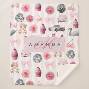 Monogram Blush Roze Retro Disco Ball Coquette Sherpa Deken