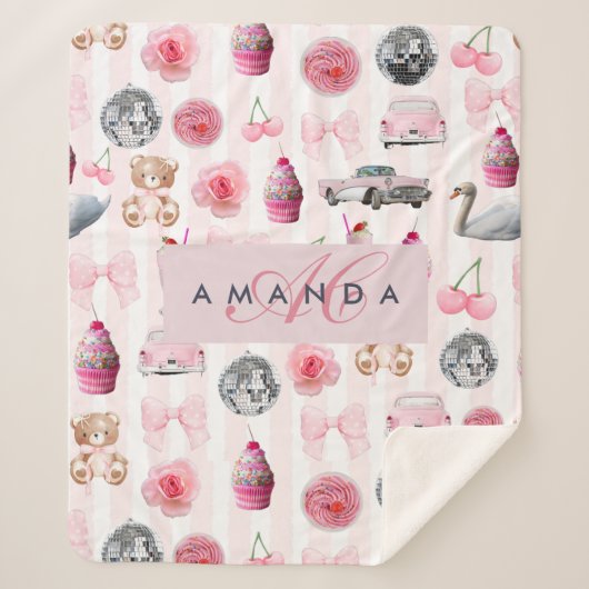 Monogram Blush Roze Retro Disco Ball Coquette Sherpa Deken (Voorkant)