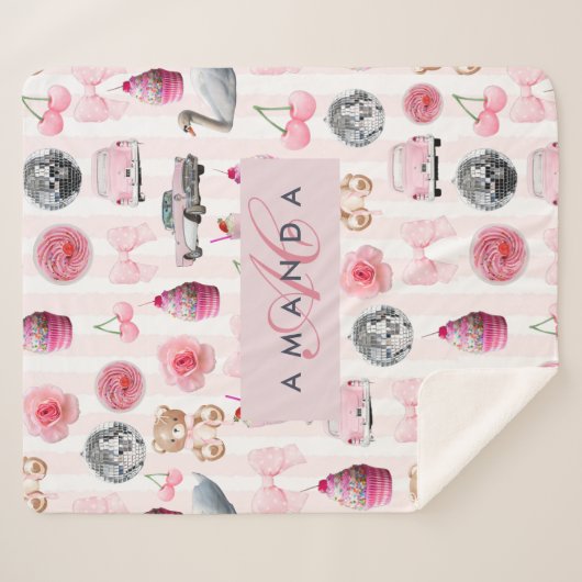 Monogram Blush Roze Retro Disco Ball Coquette Sherpa Deken (Voorkant (horizontaal))