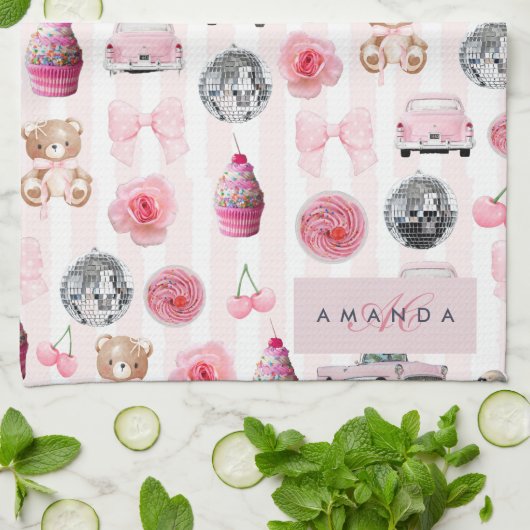 Monogram Blush Roze Retro Disco Ball Coquette Theedoek (Gevouwen)