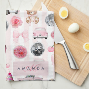 Monogram Blush Roze Retro Disco Ball Coquette Theedoek