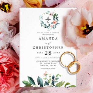 Monogram Blush Roze Romantische Bloesems Bruiloft Kaart