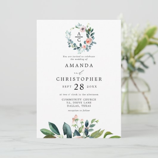 Monogram Blush Roze Romantische Bloesems Bruiloft Kaart (Staand voorkant)