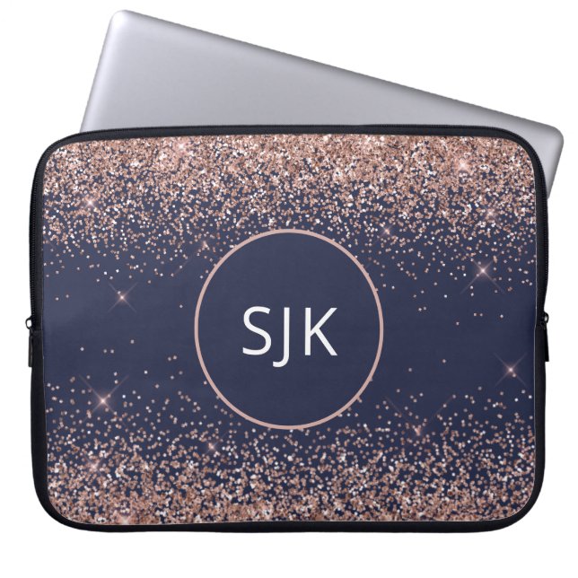 Monogram Blush Roze Rose Gold Navy Blue Glitter Laptop Sleeve (Voorkant)