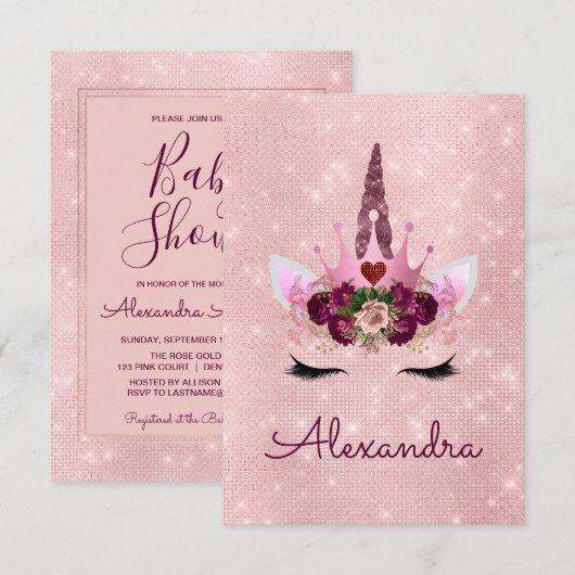 Monogram Blush Roze Sparkle Eenhoorn Baby shower Kaart (Voorkant / Achterkant)