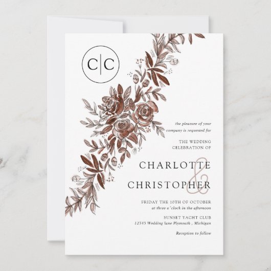 Monogram blush roze waterverf bloemenbruiloft kaart (Voorkant)