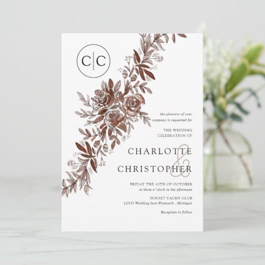 Monogram blush roze waterverf bloemenbruiloft kaart (Staand voorkant)