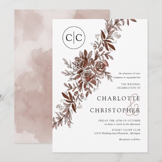 Monogram blush roze waterverf bloemenbruiloft kaart (Voorkant / Achterkant)