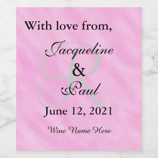 Monogram Blush Roze Waterverf bruiloft Bedankt Wijn Etiket (Enkel label)